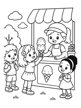 Free printable Children Buying Ice Cream Cones coloring page
