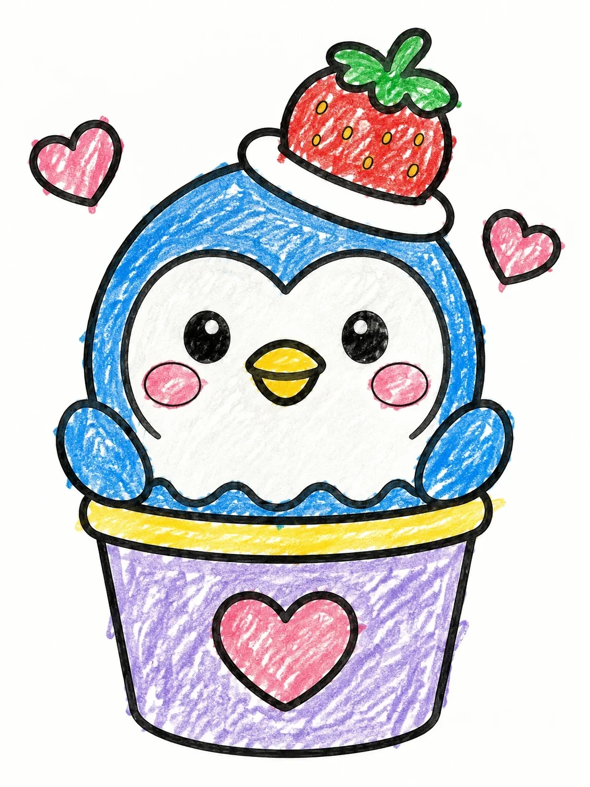 Colored example of the Penguin Ice Cream Cup coloring page