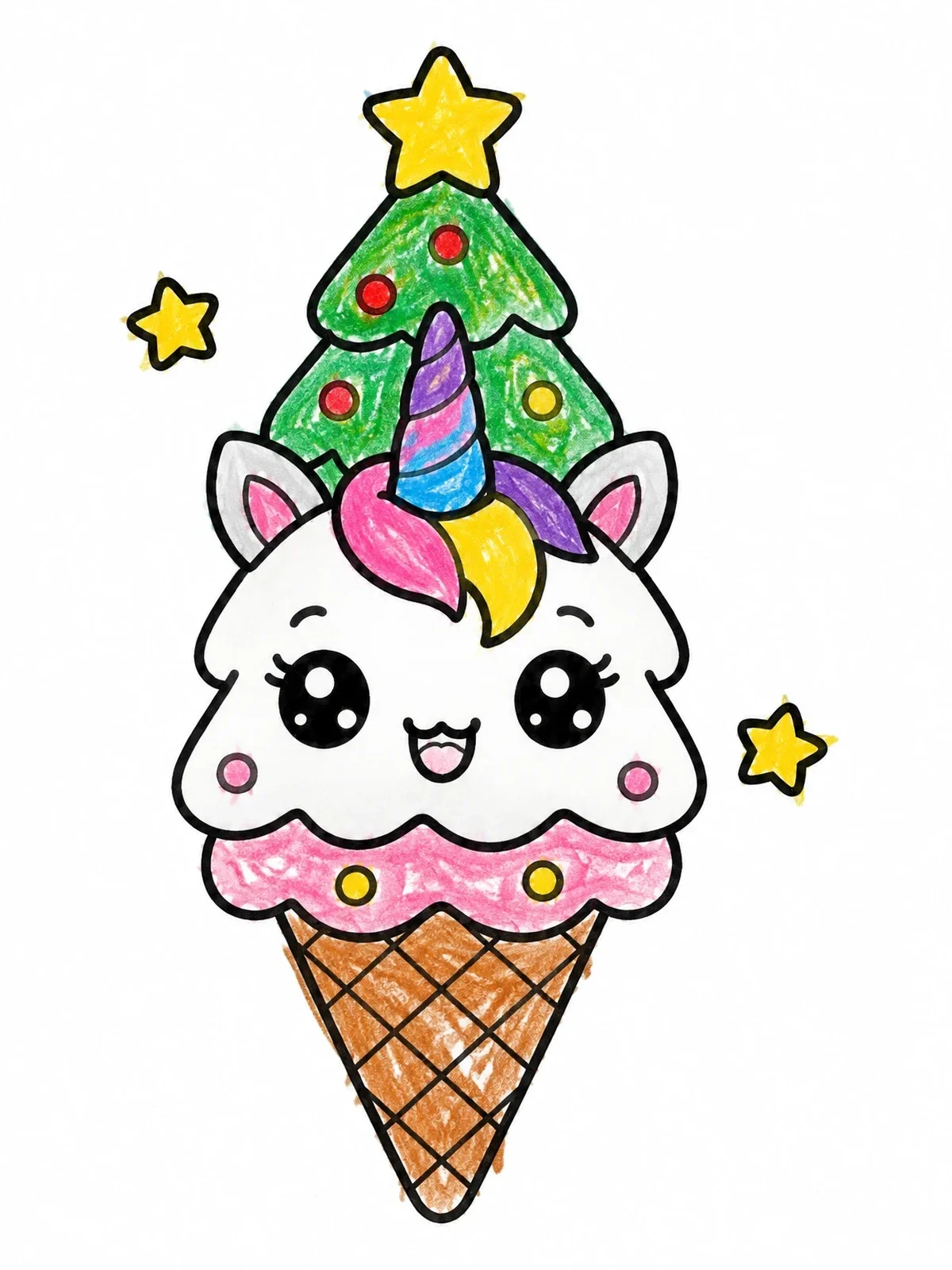Colored example of the Unicorn Christmas Tree Ice Cream coloring page