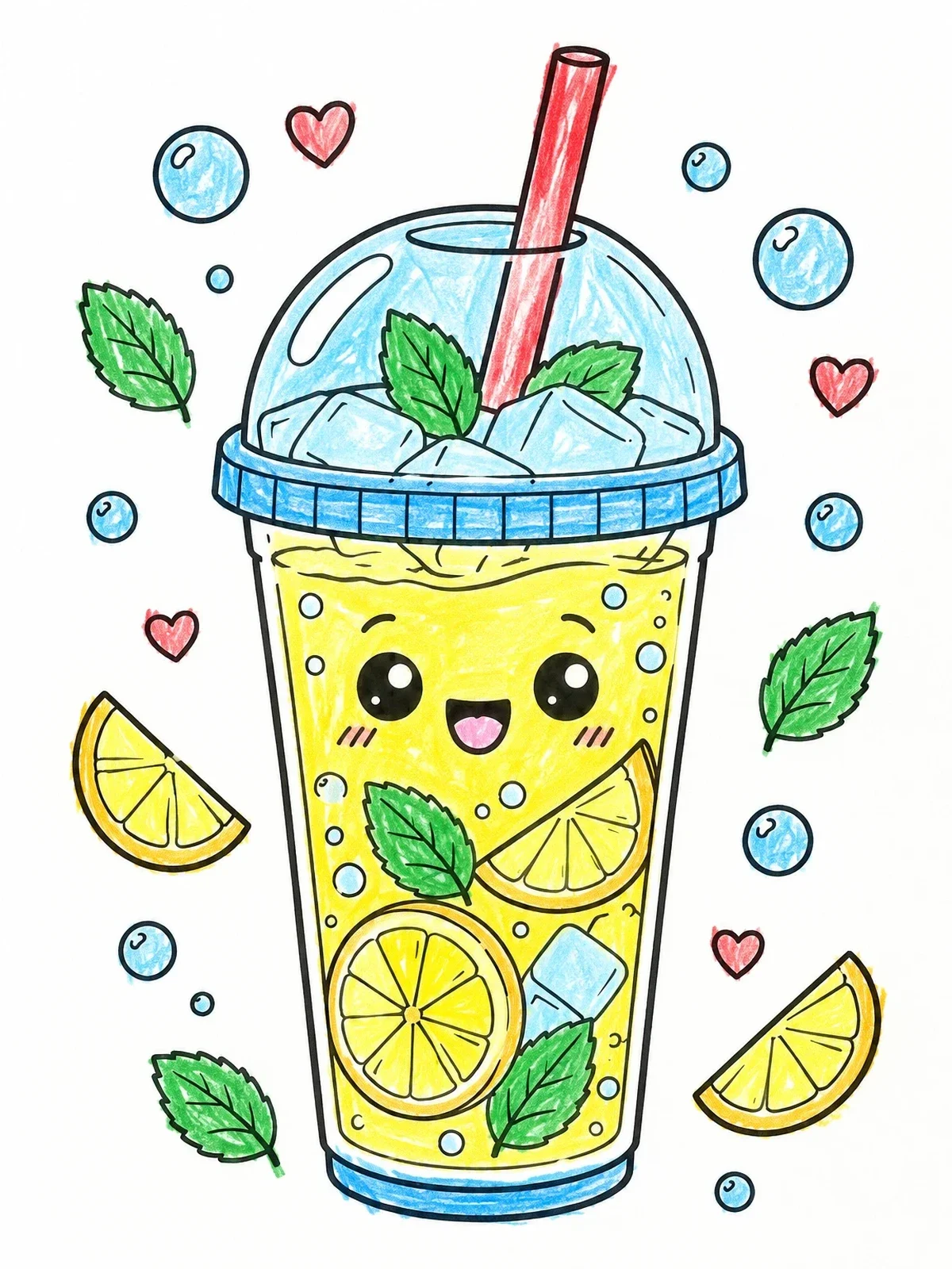Colored example of the Kawaii Iced Lemonade Cup coloring page