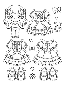 A kawaii girl coloring page featuring a paper doll with frilly dresses, shoes, and bows to color and cut out.