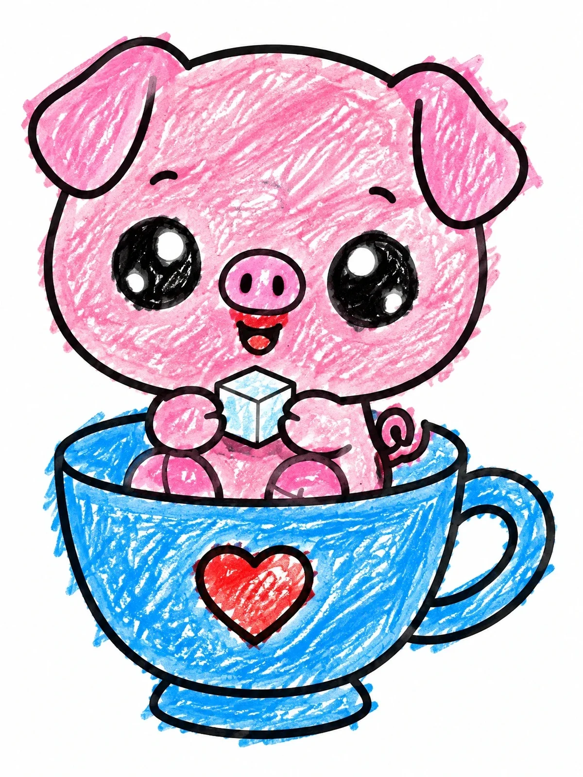 Colored example of the Cute Kawaii Pig In A Teacup coloring page