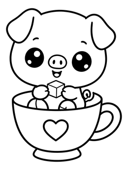 Free printable Cute Kawaii Pig In A Teacup coloring page
