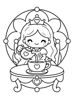 Free printable Princess Pouring Tea At Royal Table coloring page