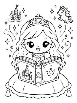 A kawaii princess coloring page featuring a girl reading a magic book with a floating castle and unicorn.