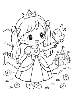 Free printable Cute Princess With Singing Bird coloring page