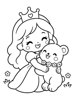 A sweet kawaii princess coloring page showing a little girl hugging a smiling baby bear cub.