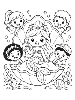 A cute kawaii princess coloring page of a chibi mermaid in a seashell surrounded by cheerful kids.
