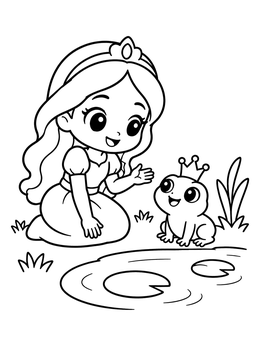 A sweet kawaii princess coloring page showing a girl kneeling by a pond talking to a crowned frog.