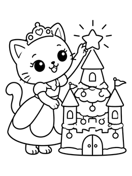 A kawaii princess coloring page showing a cat in a tiara placing a star on a castle.