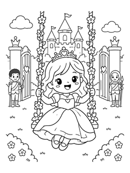 A happy kawaii princess coloring page featuring a girl on a swing in front of a castle.