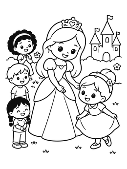 A sweet kawaii princess coloring page showing a princess teaching children how to curtsy near a castle.