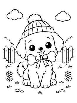A sweet puppy wearing a beanie hat with a bone in this kawaii coloring page.