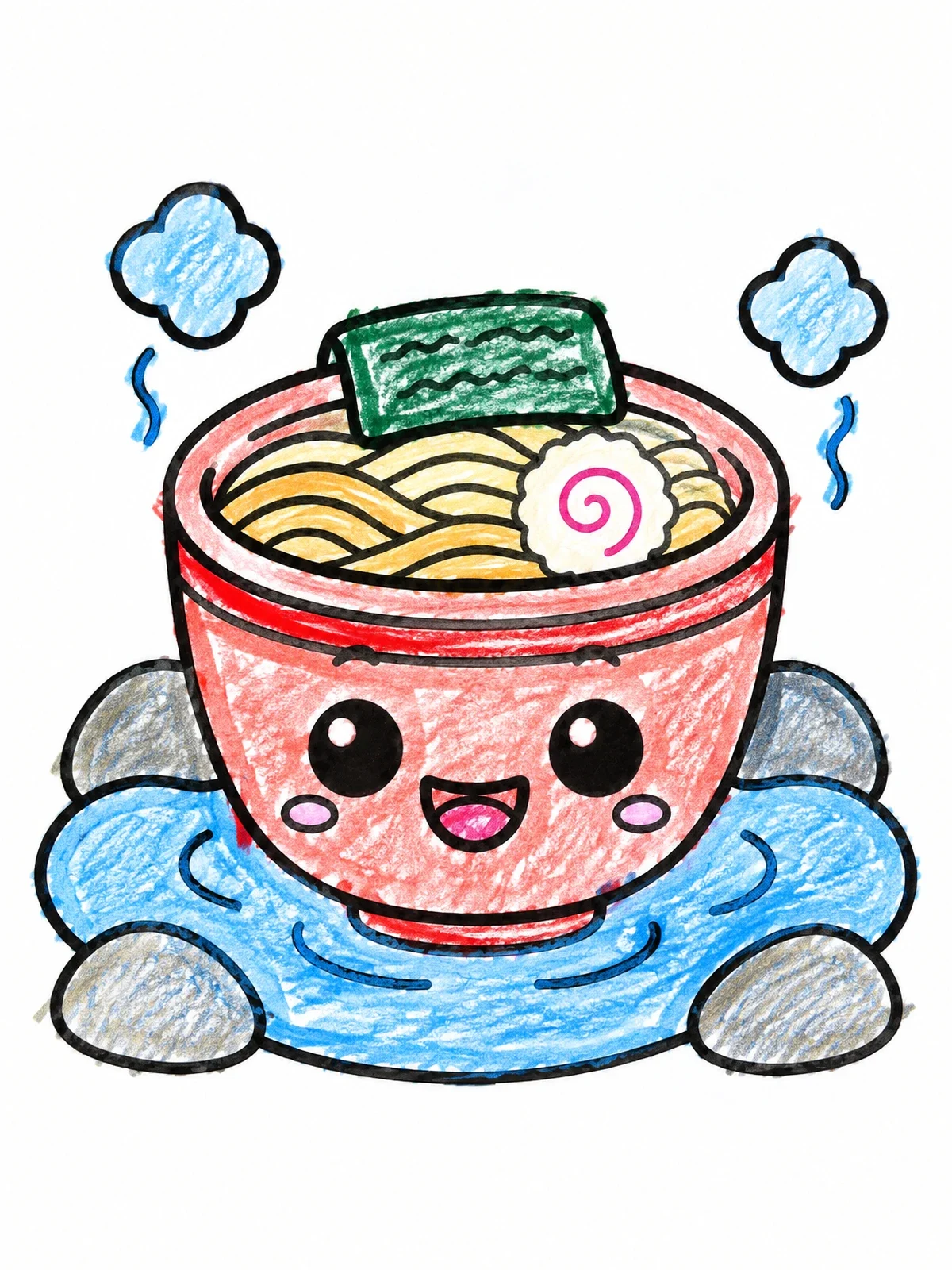 Colored example of the Kawaii Ramen Bowl In Hot Spring coloring page