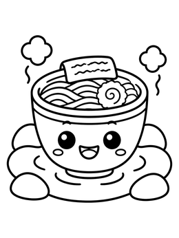 Cute kawaii ramen coloring page with a smiling noodle bowl resting in a steaming bath.