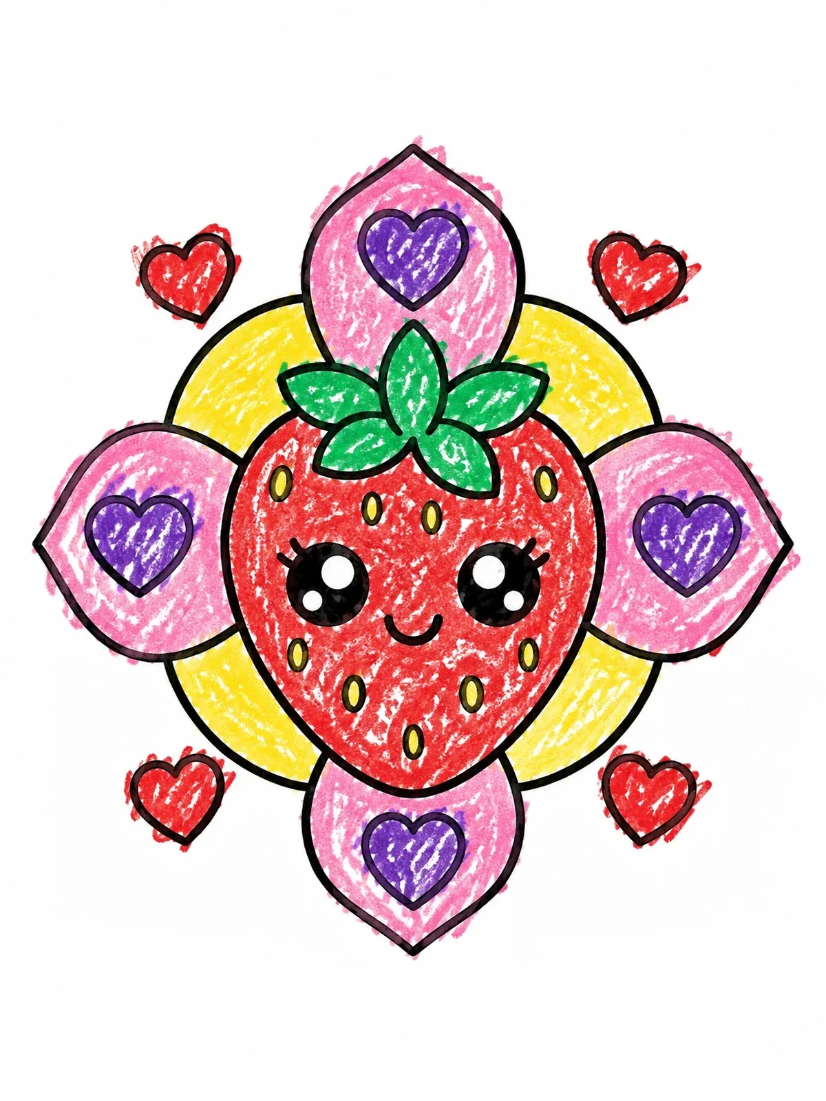 Colored example of the Kawaii Strawberry With Floating Hearts coloring page