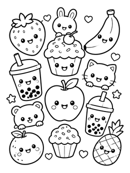 Free printable Cute Kawaii Treats And Animals Doodle coloring page