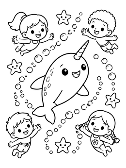 A cheerful narwhal and swimming kids feature in this kawaii coloring page.