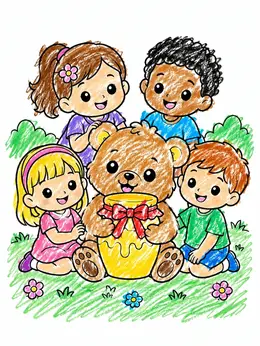 Teddy Bear With Honey Jar And Children – Kawaii Coloring Page