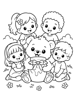 Teddy Bear with Honey Jar and Children coloring page