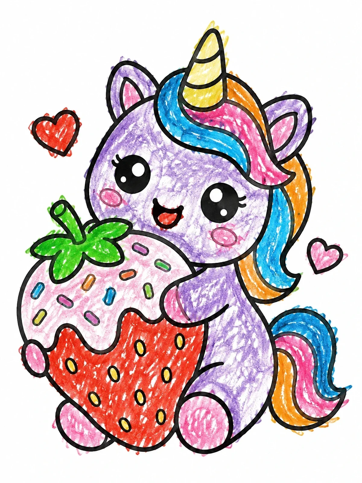 Colored example of the Kawaii Unicorn Hugging A Sweet Strawberry coloring page