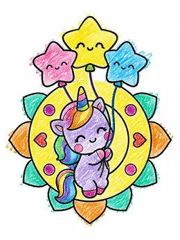 Kawaii Unicorn With Star Balloons – Unicorn Kawaii Coloring Page