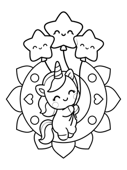 Free printable Kawaii Unicorn With Star Balloons coloring page