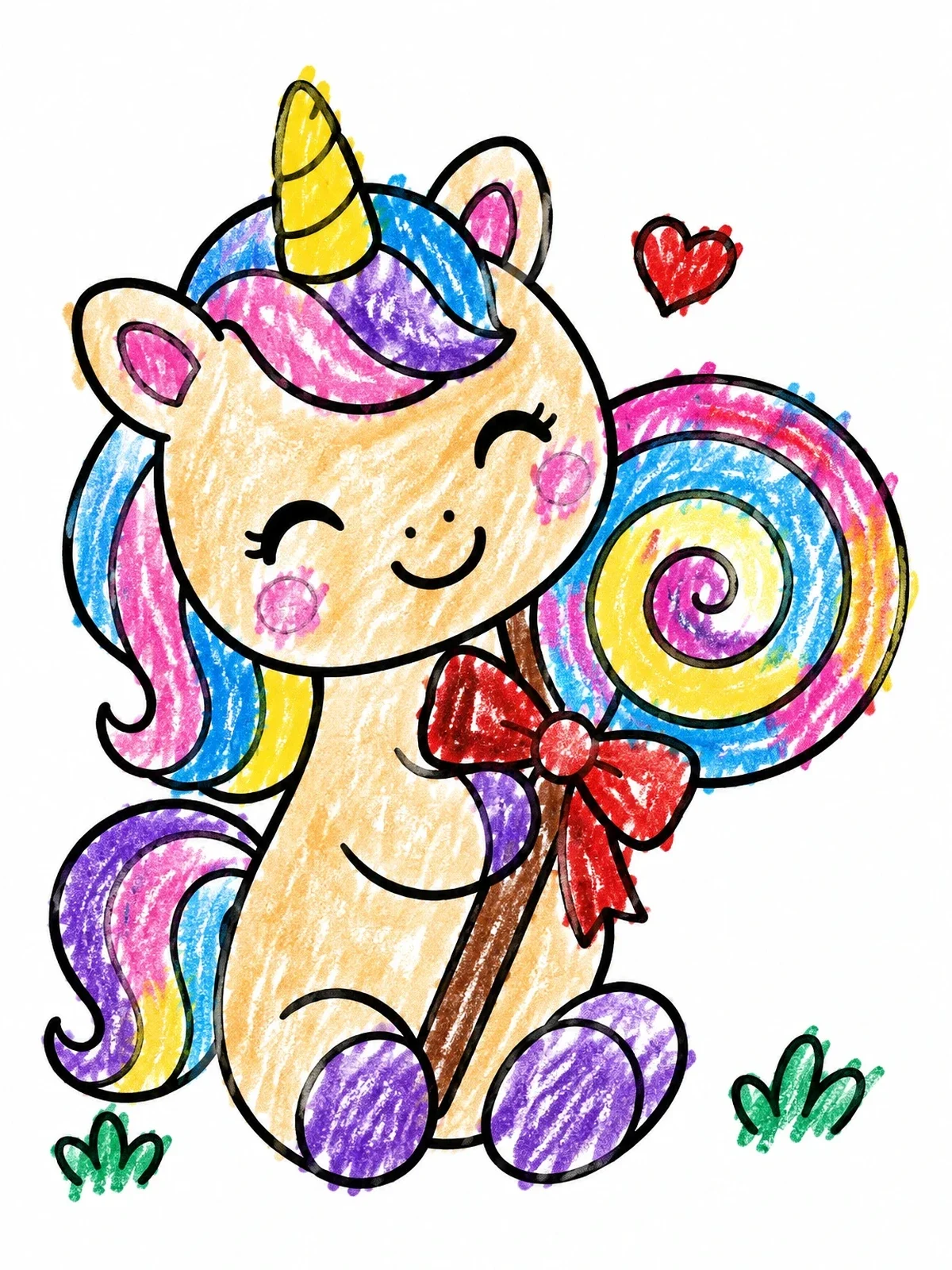 Colored example of the Cute Kawaii Unicorn With Lollipop coloring page
