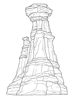 Detailed Charyn Canyon rock tower on a clean kazakhstan coloring page.