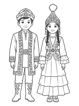 Free printable Children In Traditional Kazakh Costumes coloring page