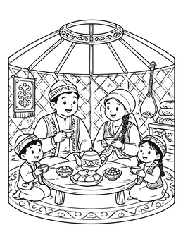 Free printable Family Tea Time In A Yurt coloring page