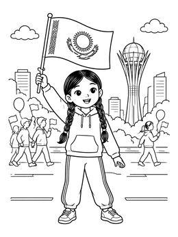 Free printable Girl Waving Kazakh Flag By Baiterek Tower coloring page