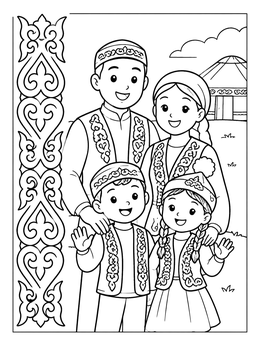 Free printable Happy Kazakh Family With Traditional Pattern coloring page
