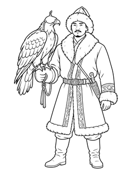 A traditional hunter holding a hooded eagle on this kazakhstan coloring page.