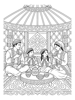 A kazakhstan coloring page featuring a family drinking tea inside a decorated traditional yurt.