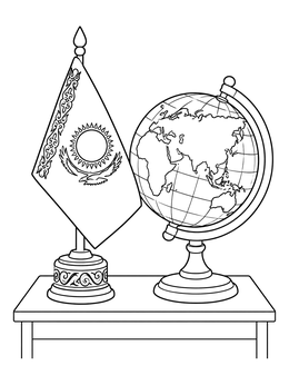 A desk with a globe and a miniature flag on this kazakhstan coloring page.