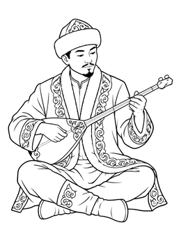 A seated musician in traditional attire plays a lute on this kazakhstan coloring page.