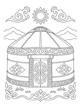 A detailed traditional yurt stands in front of mountains on this kazakhstan coloring page.