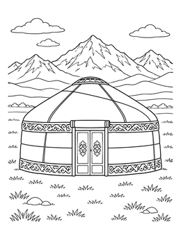 A traditional felt yurt stands before majestic mountains in this kazakhstan coloring page.