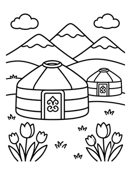 Free printable Traditional Yurts And Steppe Flowers coloring page