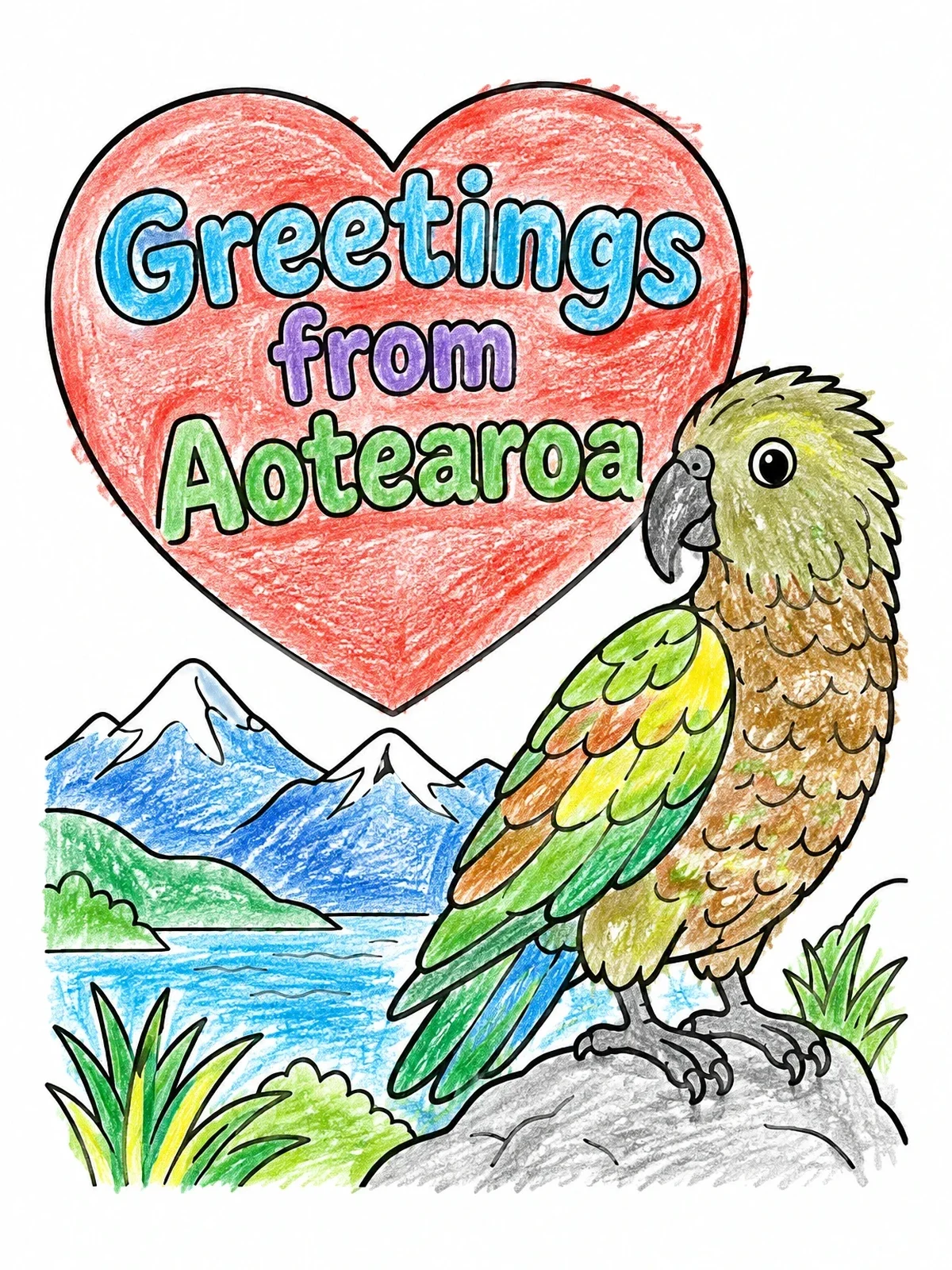 Colored example of the Kea Parrot Greetings From Aotearoa coloring page