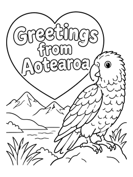Free printable Kea Parrot Greetings From Aotearoa coloring page