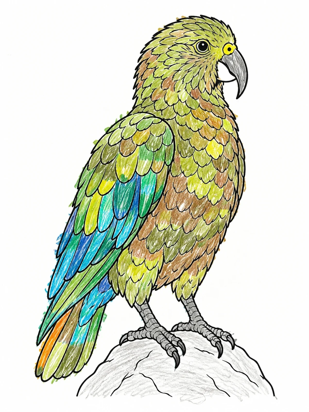 Colored example of the Alpine Kea Parrot On Rock coloring page