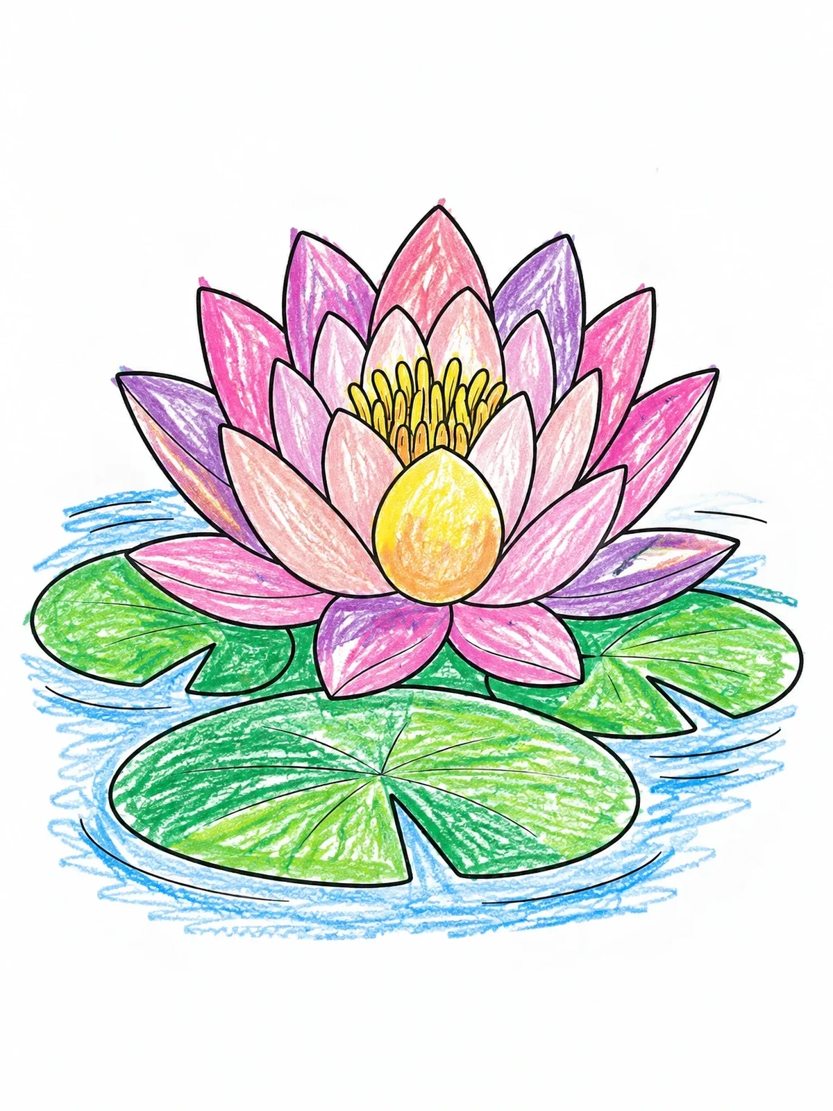 Colored example of the Blooming Lotus On Floating Lily Pads coloring page