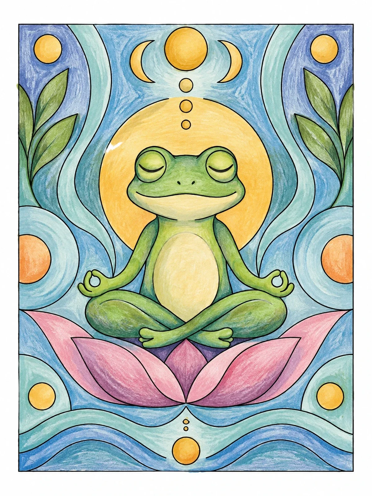 Colored example of the Meditating Zen Frog In Lotus Pose coloring page