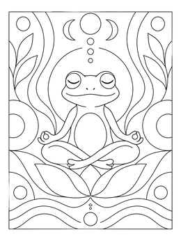 A serene keep calm coloring page featuring a peaceful frog meditating in lotus position surrounded by soothing patterns.
