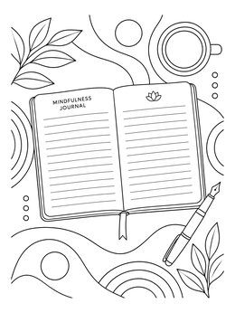 A serene mindfulness notebook beside a pen on this keep calm coloring page.