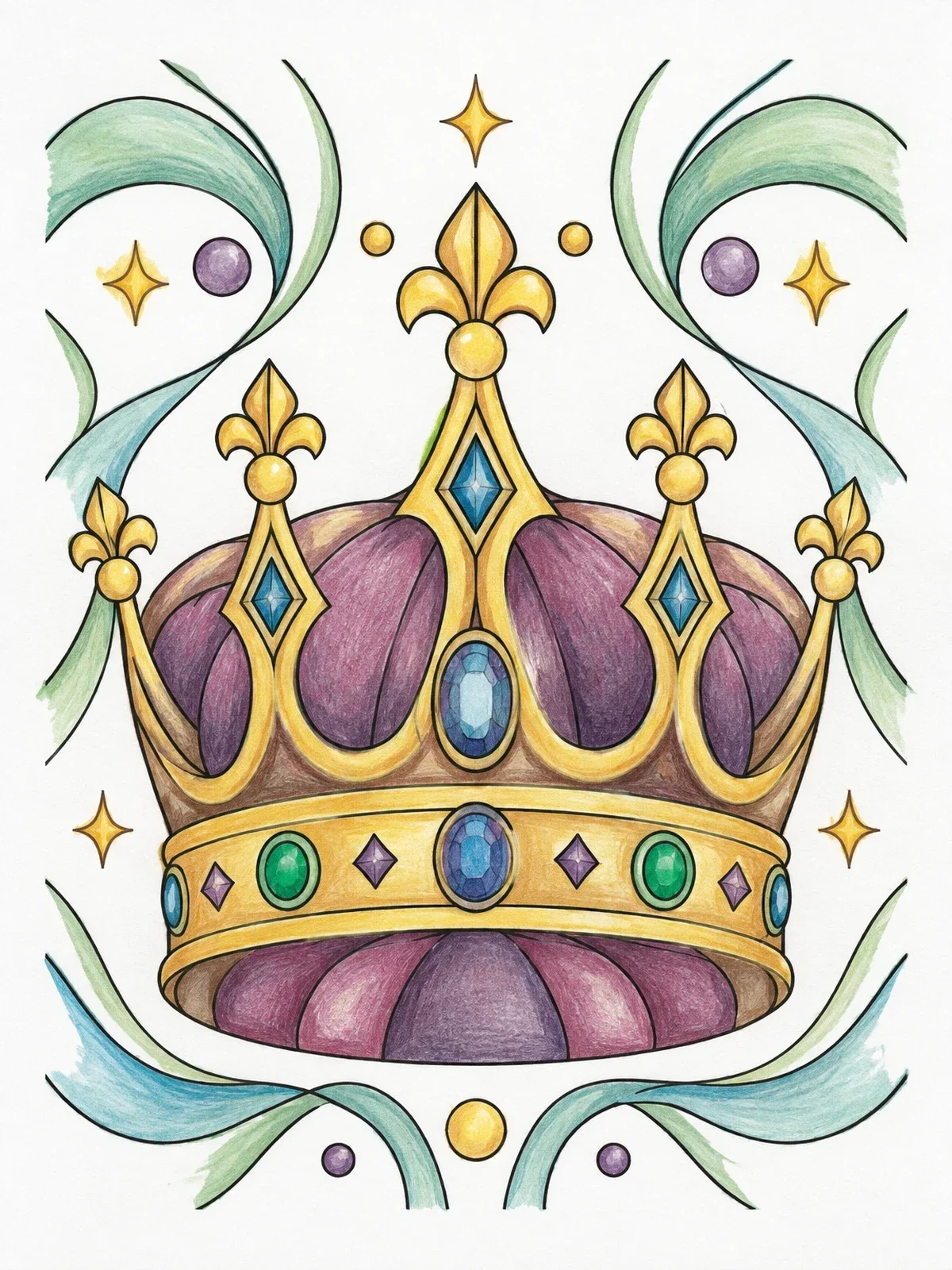 Colored example of the Ornate Royal Crown With Jewels coloring page