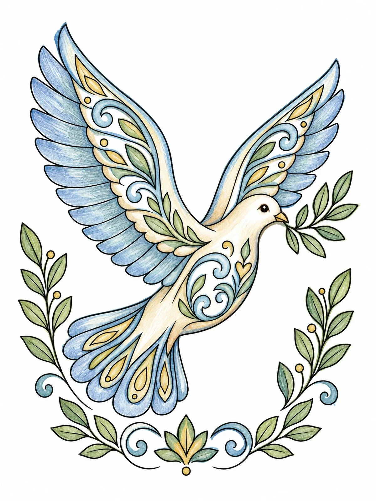 Colored example of the Peaceful Dove With Olive Branch coloring page