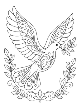 A soaring peace dove on this keep calm coloring page surrounded by laurel branches.